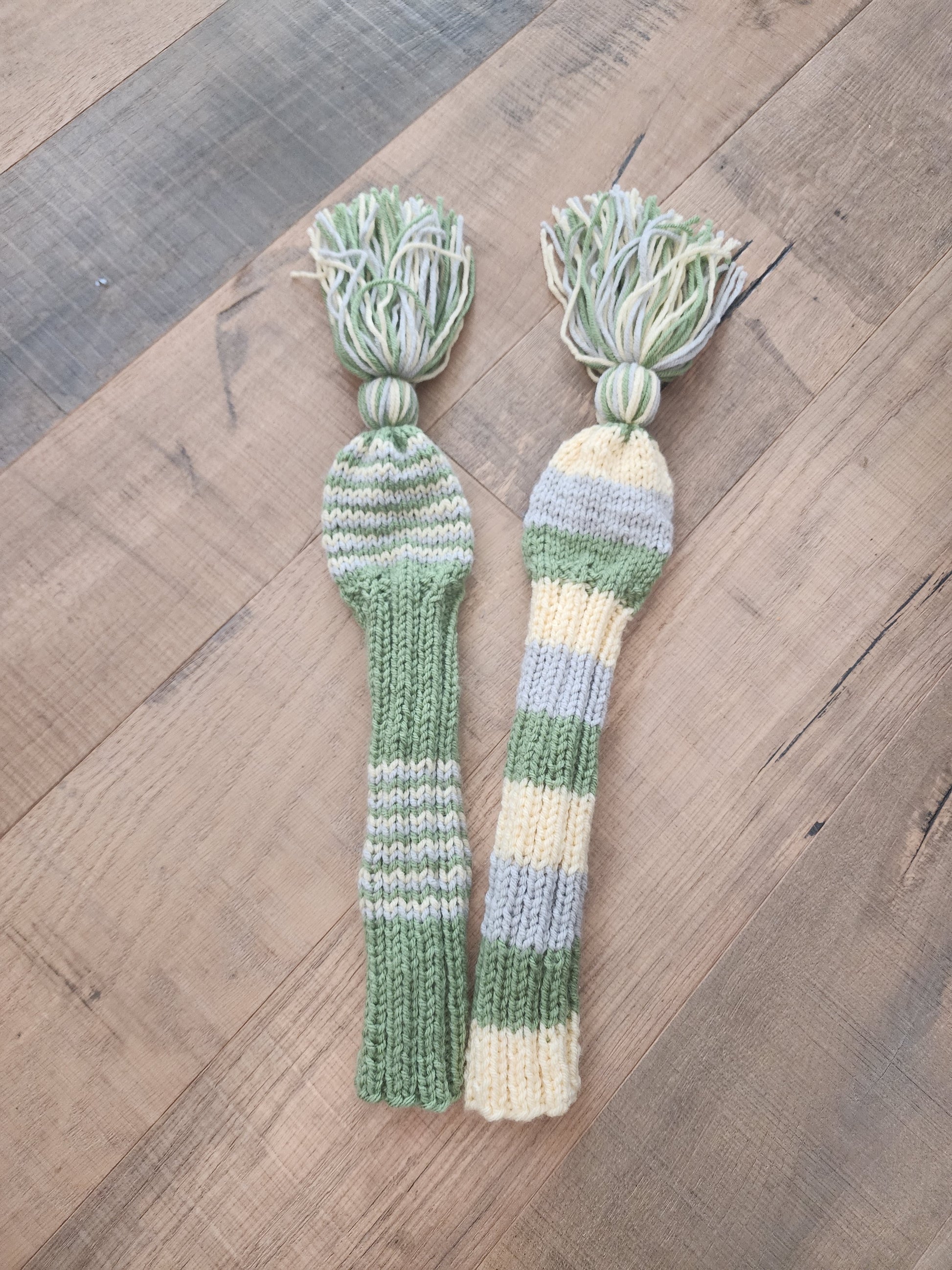 Two Golf Club Head Covers Retro-Vintage Green, Yellow & Gray with Tassels for Fairway Woods - Austinknittylimits