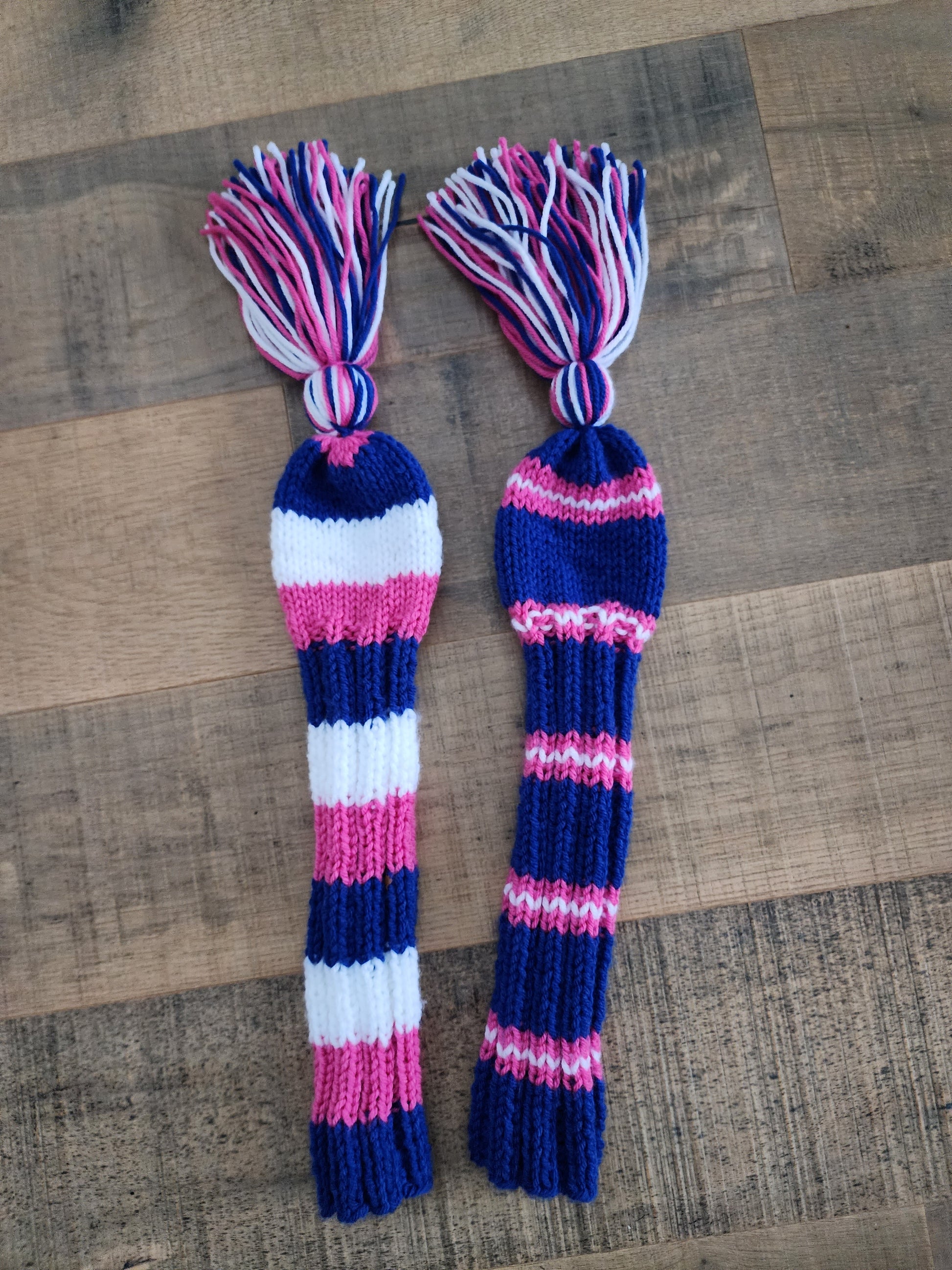 Two Golf Club Head Covers Retro-Vintage Pink, Blue & White with Tassels for Fairway Woods - Austinknittylimits