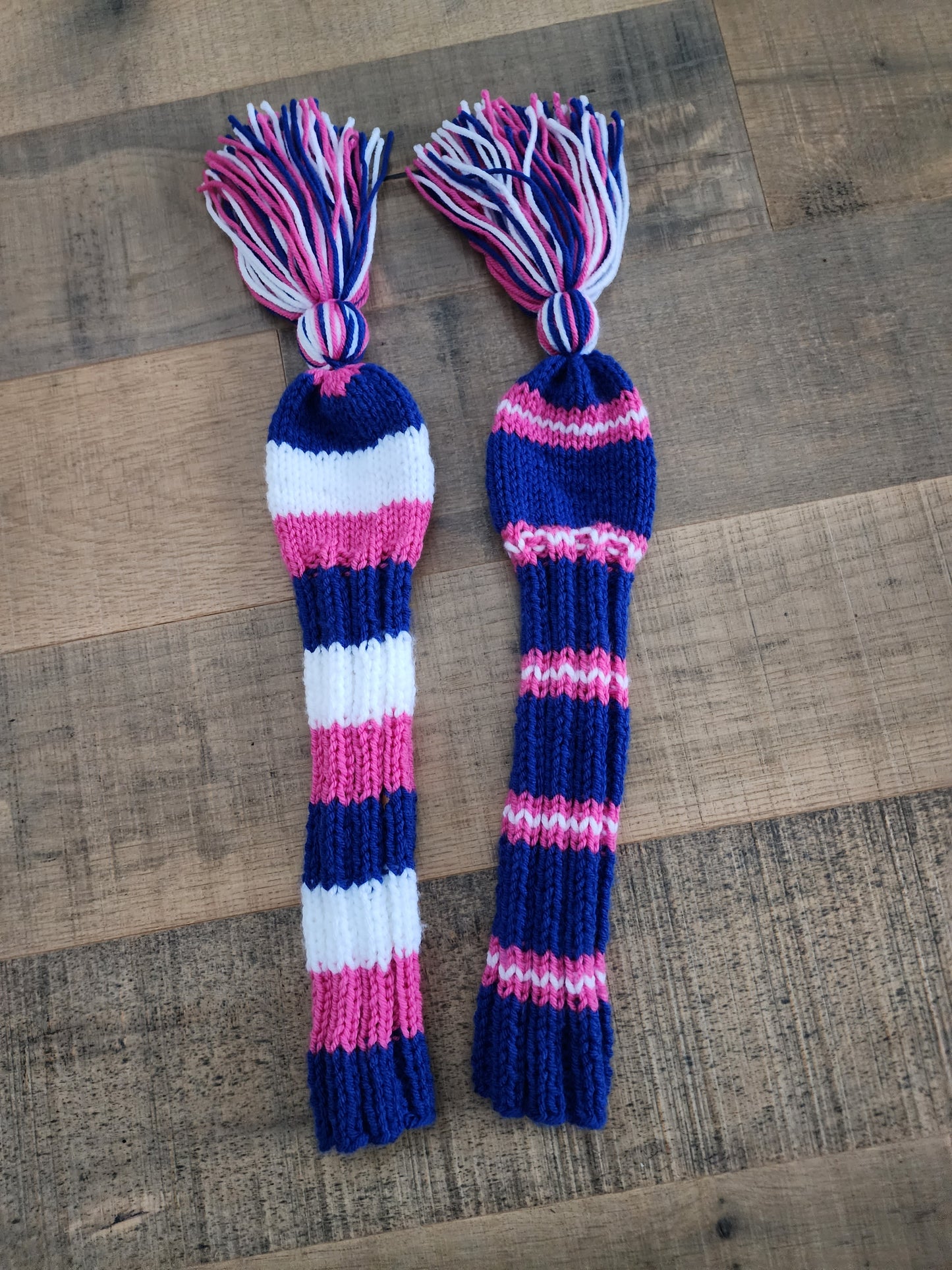 Two Golf Club Head Covers Retro-Vintage Pink, Blue & White with Tassels for Fairway Woods - Austinknittylimits